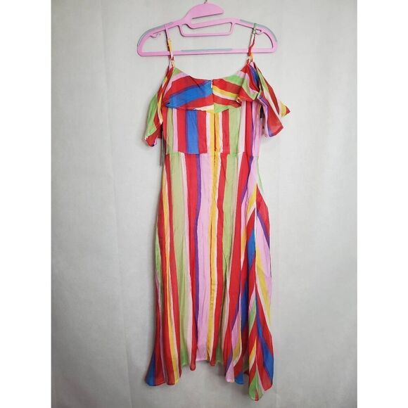 LuLus Multicolor Rainbow Striped Yacht Rock Off the Shoulder Wrap Midi Dress - Picture 4 of 10